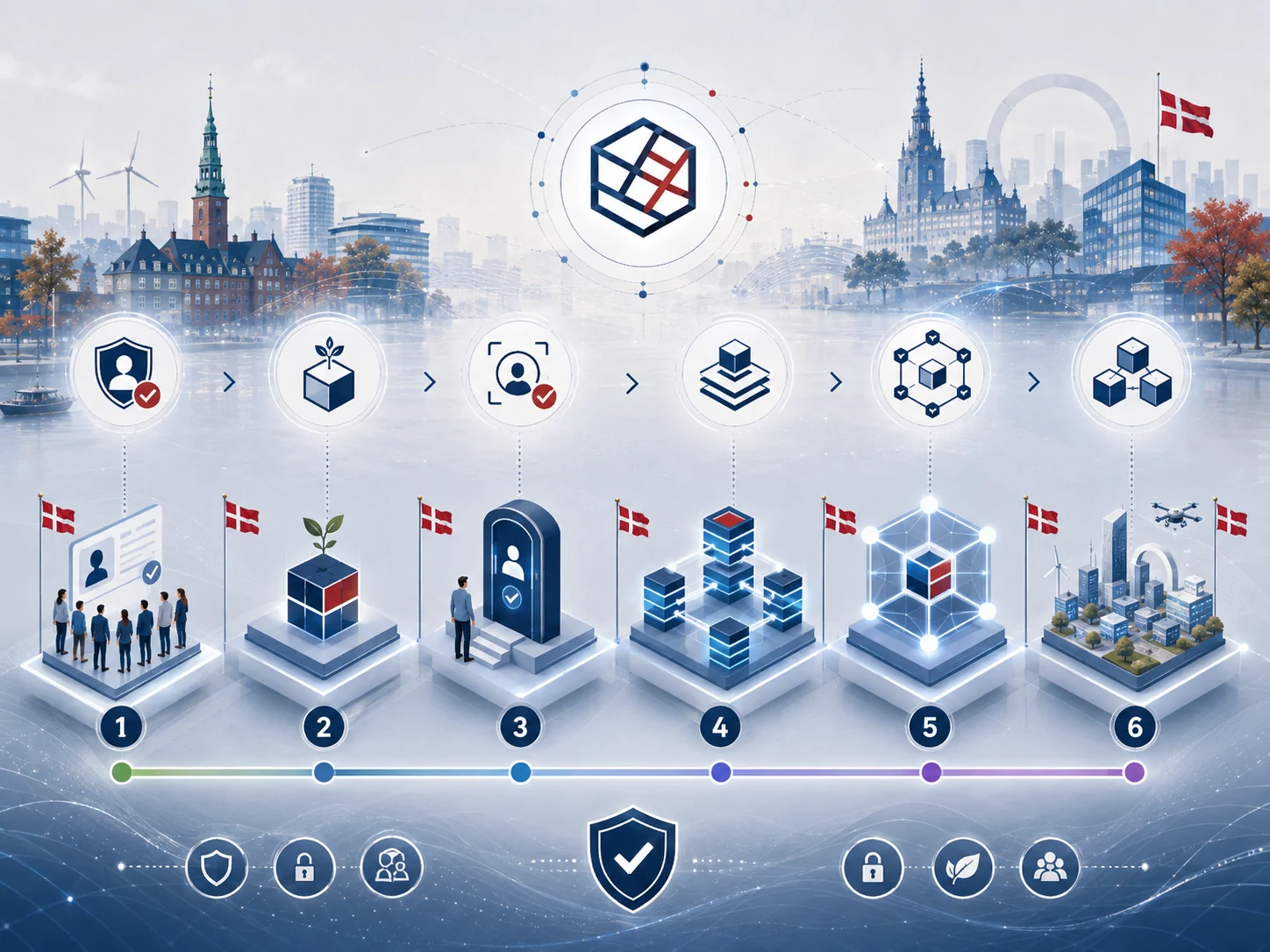 Faseopdelt udvikling illustreret som seks forbundne etaper i ByteShares' infrastruktur.